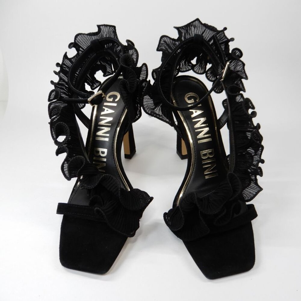Gianni Bini Franz Sandals High Heels Size 6 Black Suede Chiffon Ruffle NEW - Picture 6 of 15